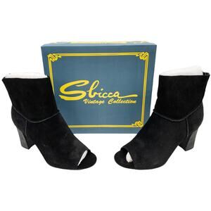 Sbicca Black Suede Peep Toe Block  Heeled Ankle Boots 9 Women's